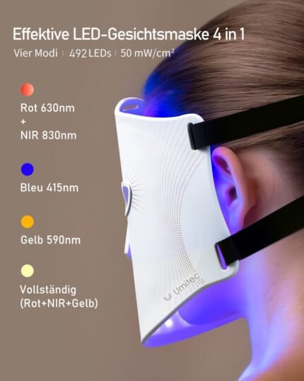 LED Maske Gesicht, Rotlicht Maske Gesicht, Vier Modi, drei Ebenen, Blaues Licht, Aufbewahrungstasche, Kopfband, Augenpolster, für Büro und Zuhause, Geschenk für Mutter, Mädchen (weiß)