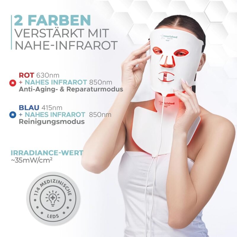 LED-Gesichts- und Nackenmaske mit Nahinfrarot - Blaue, rote Lichttherapie für das Gesicht - 228 LEDs - Hautpflegegerät gegen Falten, Anti-Aging