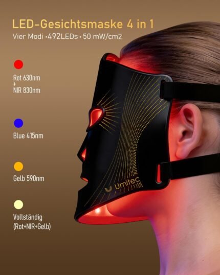 LED Maske Gesicht, Rotlicht Maske Gesicht Fünf Modi, Fernbedienung, 4000 mAh, Aufbewahrungstasche, Kopfband, Augenpolster, für Büro und Zuhause, Geschenk für Mutter, Mädchen (schwarz)