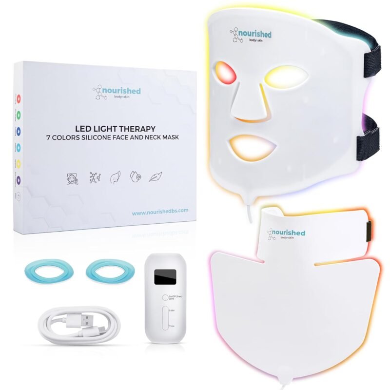 LED Lichttherapie Gesichts- & Halsmaske - Gesichtspflegegerät - 7 Farben Rot & Blau - Verjüngung, Anti-Aging-Produkt gegen Falten