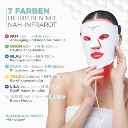 7-Farben-LED-Gesichtsmaske mit Nahinfrarot - Blaue, rote Lichttherapie für das Gesicht - 456 LEDs - Hautpflegegerät gegen Falten, Anti-Aging