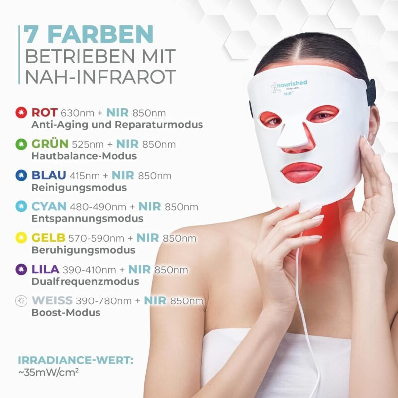 7-Farben-LED-Gesichtsmaske mit Nahinfrarot - Blaue, rote Lichttherapie für das Gesicht - 456 LEDs - Hautpflegegerät gegen Falten, Anti-Aging