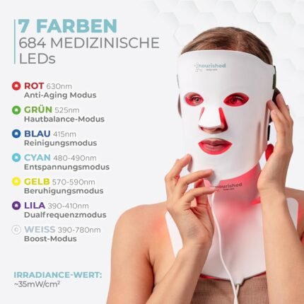 LED Lichttherapie Gesichts- & Halsmaske - Gesichtspflegegerät - 7 Farben Rot & Blau - Verjüngung, Anti-Aging-Produkt gegen Falten