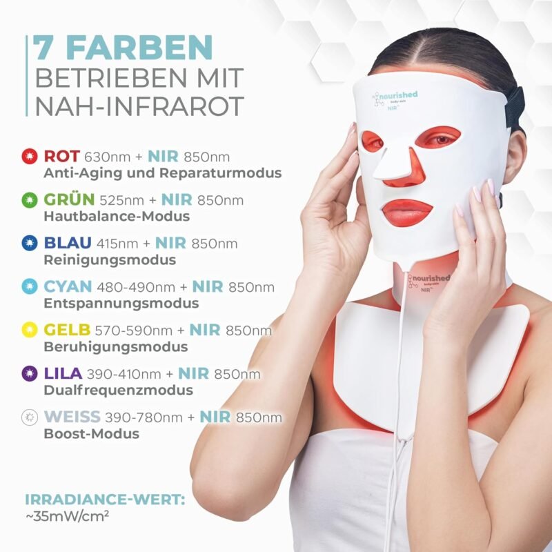 7 Farben LED-Gesichts- und Nackenmaske mit Nahinfrarot - Blaues, rotes Lichttherapiegerät für das Gesicht - 912 LEDs - Hautpflege-Werkzeug gegen die Hautalterung
